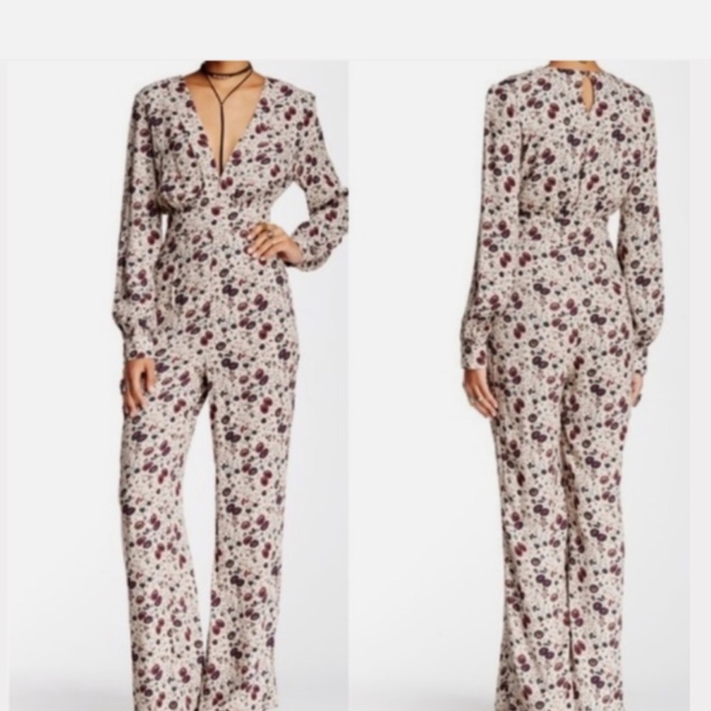 Free People Cream and Dark Red Floral Jumpsuit